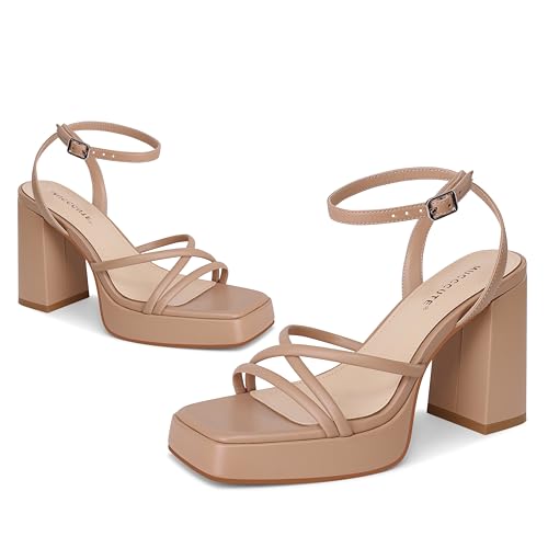 MUCCCUTE Platform Heels for Women Strappy Chunky Heeled Sandals Square Open Toe Ankle Strap Comfortable Wedding Party Evening Prom Dress Shoes2