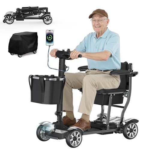 4 Wheels Mobility Scooters for Seniors, 39LBS Light Frame&350LBS Capacity&30 Miles Travel Range&270W Brushless Motor Powered Wheelchair Folding Electric Scooter&LED Lights&Dust Cover&Auto Brake-Silver
