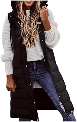 WOSHUAI Womens Long Down Puffer Vest with Hood,Warm Oversized Thick Fleece Cotton Winter Gilet Parka Jacket Coat Sleeveless Black