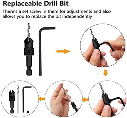 11pcs Countersink Drill Bits Set, Adjustable 1/4inch HSS Twist Drill Bit with Hex Wrench Counter Sinker Drill Bits Hole Saw Drill for Woodworking Tile/Brick/Plastic/Cement/Wood/Glass