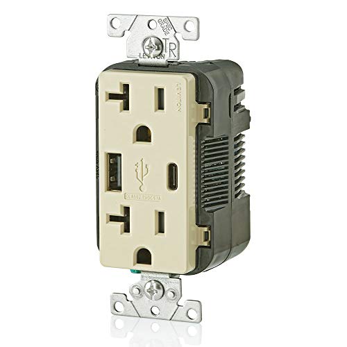 Image of Leviton Type A & Type-C USB In-Wall Charger with 20A Tamper-Resistant Outlet, USB Charger for Smartphones and Tablets. Not for Laptops, T5833-I, Ivory