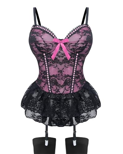 EVELIFE Elegante Intimbekleidung-Set für Frauen: Spitzen-Body mit Strümpfen - Festliches Sexy Outfit für Halloween & Weihnachten(Lila L)