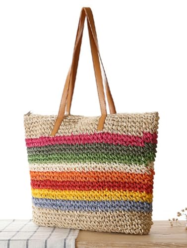 Image of Rainbow Straw Bag for Women Contrast Striped Straw Shoulder Bag Beach Tote Bag Summer Straw Hobo Handbag 2024 Straw Purse