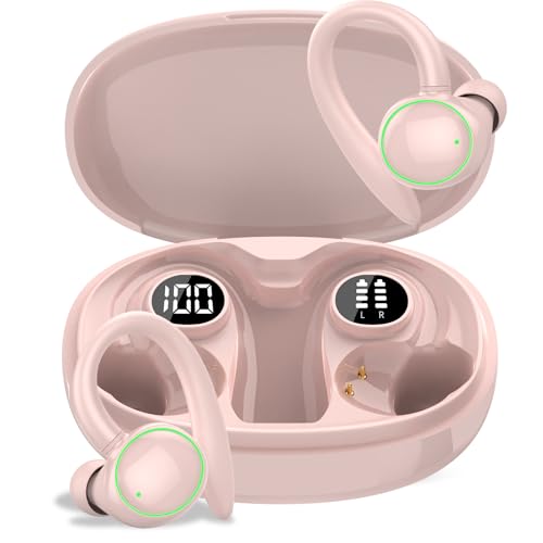 Image of PEFUPEW Wireless Earbuds, Bluetooth 5.4 Headphones Sport, Over Ear Buds with ENC Noise Cancelling Mic, 48H, Wireless Earphone with Earhooks, Stereo Deep Bass, IP7 Waterproof for Workout Running, Pink