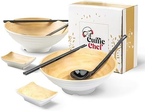 Cuffie Chef - Large Ramen Bowl Set, 2 Ramen Bowl With Chopsticks, Soup Spoons & Saucers, Japanese-Style Ramen Noodle Bowl, Sleek Ramen Bowls, Noodle Bowl for Udon, Pho, Soups & More, Creamy White