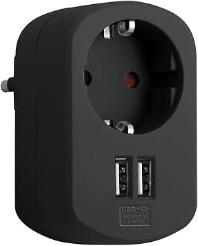 SIMON - Combi Adapter, Travel Adapter with Schuko 16A Socket and 2 USB Sockets, Wall Charging Power Adapter, USB Thief, Black