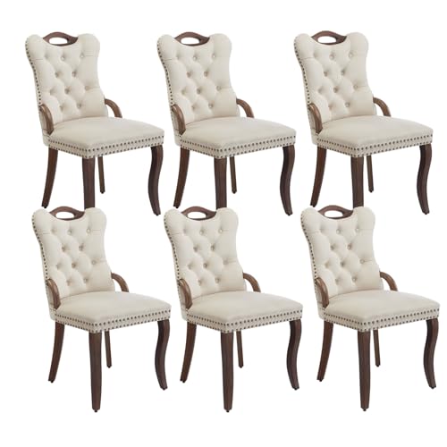 Beige Velvet Upholstered Dining Chairs Set of 6, Tufted Back, Wood Handles