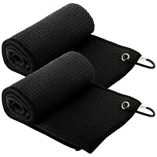 CXNXFD 2 Stück Golf Handtuch,Golf Handtucher,Golfhandtuch,Golf Reinigungstuch mit Clip für Golf Yoga Camping Gym 30×50CM,Schwarz