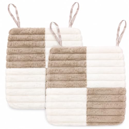 Image of Amazon Brand - Umi Beige & White Checkerboard Faux Fur Chair Seat Cushions, 16x16 Inch Fluffy Dining Chair Pads with Ties, Foam-Filled Kitchen Chair Pads, Set of 2