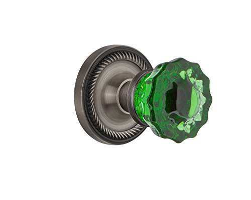 Nostalgic Warehouse 724970 Rope Rosette Crystal Emerald Glass Door Knob in Antique Pewter, Privacy 2.75