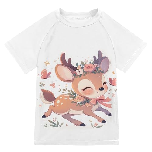 Wudan Cute Deer Flowers Girls Bathing Suit UV Protection Girls Rashguard Swimwears Workout Shirts for Teen Boys 11-12Y