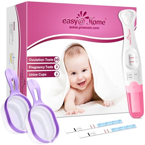 Easy@Home Ovulation & Pregnancy Test Kit: 50 Ovulation Test Strips + 3 Pregnancy Tests + 2 Collapsible Pee Cups – Accurate LH Surge Tracking & Early hCG Detection & Hygienic Home Use Urine Cup for TTC