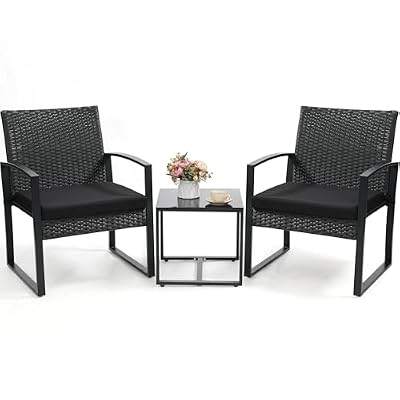 Murago Outdoor 3-Piece Wicker Bistro Set, Rattan Patio Conversation Set with Coffee Table, for Backyard Garden Poolside, Black Frame & Black Cushion