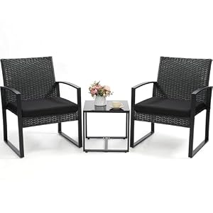Murago Outdoor 3-Piece Wicker Bistro Set, Rattan Patio Conversation Set with Coffee Table, for Backyard Garden Poolside, Black Frame & Black Cushion