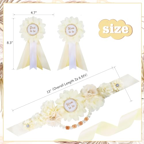 Image of Ivory Cream Baby Shower Sash and Pins Set - Cream White Flower Baby Shower Belly Belt and Mom to Be & Dad to Be Corsage Pins, New Parents Pregnancy Photo Props Party Supplies