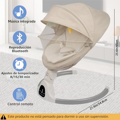 Miniatura 5 de Jfovmcyg Columpio Eléctrico Para Recién Nacido Con Control Remoto, 5 Velocidades De Balanceo, Temporizador 8 15 30 Min, Arnés De 5 Puntos, Asiento Lavable, Estructura Estable Blanco Marfil