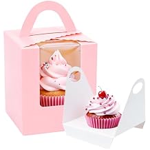 100 Pack Pink Cupcake Boxes Individual with Window, Inserts and Handle, Single Cupcake Containers for Cupcakes, Muffins, Donuts, Cookies, 3.6 x 3.6 x 4.3 Inch