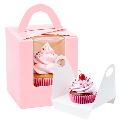 OUGEBOX 100 Pack Pink Cupcake Boxes Individual with Window, Inserts and Handle, Single Cupcake Containers for Cupcakes, Muffins, Donuts, Cookies, 3.6 x 3.6 x 4.3 Inch