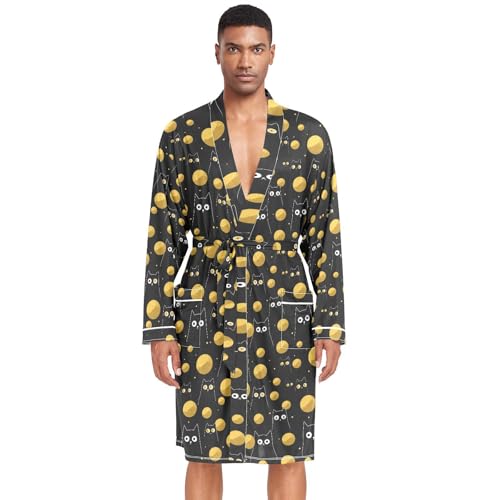 miaozhen Albornoz de baño para hombre, diseño de gato divertido color negro y dorado, con bolsillos, bata de ducha para hospital, para hombre, Funny Creature Cat Negro y Dorado, M