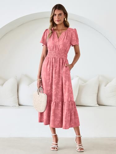 Image of Simplee Womens Summer Boho Maxi Dress Semi Formal Wedding Guest Short Sleeve V Neck Empire Waist Floral Long Dresses