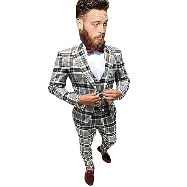 Ulnomio Hombres Traje a Cuadros de Tres Piezas con Solapa de Pico para IR de Compras Oficina Conjunto Completo