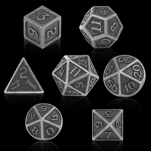 ORUZA 7 Stück DND Metall Würfel Set, Silber Polyedrische D&D Würfel für Dungeons und Dragons RPG MTG TTRPG Pathfinder Rollenspiele Tischspiele Würfel