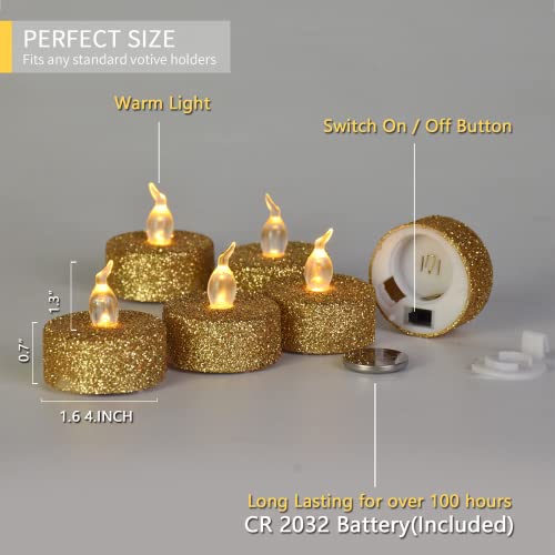 U.ehome Tea Lights With Timer,Bulk Set Of 12 Fake Candles,Flickering Tea Lights Candles Battery Operated,Warm White Light 72 Hours For Holidays Home Decoration Outdoor,Gold Glitter #TOP1