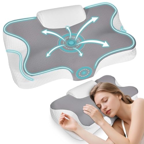 Levesolls Almohada Cervicales y Cuello 2 en 1 con Tracción Cervical Almohada Ergonómico Espuma de Memoria para Dormir, Soporte de Cuello Cabeza Hombro Relajación 61x41x12/13cm