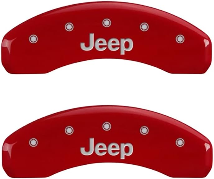 MGP Brake Caliper Covers for Jeep Wrangler 2007-2018/ Jeep Liberty 2008-2012 with Red Powder Coat Finish Engraved Silver Jeep Logo, Front and Rear Caliper Cover (Set of 4)