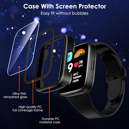 iVoler 3 sztuki twardej obudowy PC z osłoną ekranu ze szkła dla Xiaomi Redmi Watch 3 Active (nie dla Redmi Watch 3), całkowita osłona cienkiej obudowy odpornej na zarysowania, 2 przezroczyste + 1