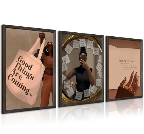 Black Girl Wall Art African American Woman Canvas Wall Decor Black Female Wall Art Fashion Women Poster Feminine Boho Pictures Abstract People Paintings for Bedroom Bathroom 16x24 Inch Framed Set of 3