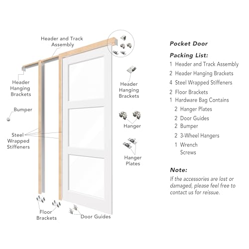 Image of Sliding Pocket Door with Lock, 32 inch x 80 inch, 3-Lite Clear Tempered Glass Pocket Doors with Frame and Hardware Kit Set, Interior Door Slab, White Primed - No Panel Assembly Required