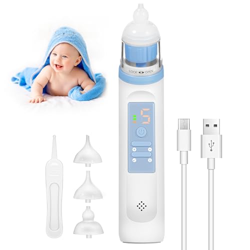 Mouche Bebe Electrique, Aspirateur Nasal Bébé, Suceur de Morve avec 3 Silicone Buses pour Nouveau Nés/Tout-petits, Nettoyeur de Nez de Nourrissons avec 5 niveaux, Musique et Lumière Apaisante