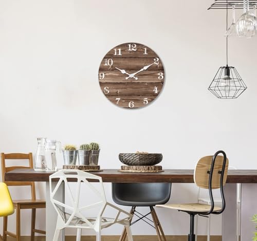 Image of XFM Brown Wooden Wall Clock 24 Inch Large Farmhouse Decor | Non-Ticking Battery Operated Decorative for Kitchen Living Room Office