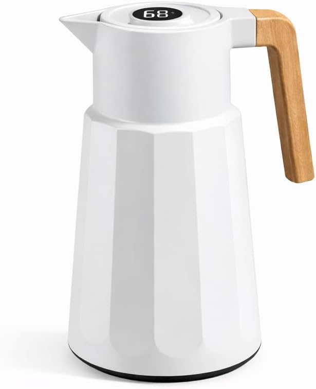 Garrafa Térmica com Visor de Temperatura Digital 1L, Cafeteira Italiana Térmica, Mantém Café Quente por Até 12 Horas, Alça de Madeira (Branco)