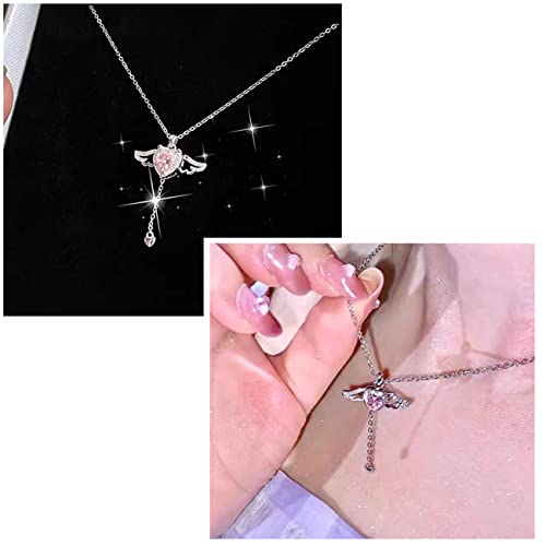Chnlml Pink Angel Wings Necklace,Crystal Angel Wing Heart Pendant Necklace,Angel Wing Rhinestone Heart Necklace (A-2Pcs) #TOP5