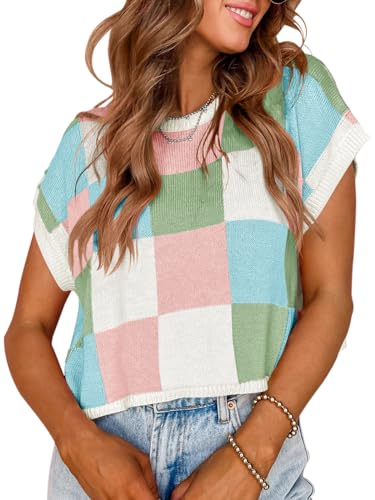Image of Saodimallsu Womens Cap Sleeve Crop Tops Summer Color Block Going Out Crew Neck Knit Trendy Casual Sweater
