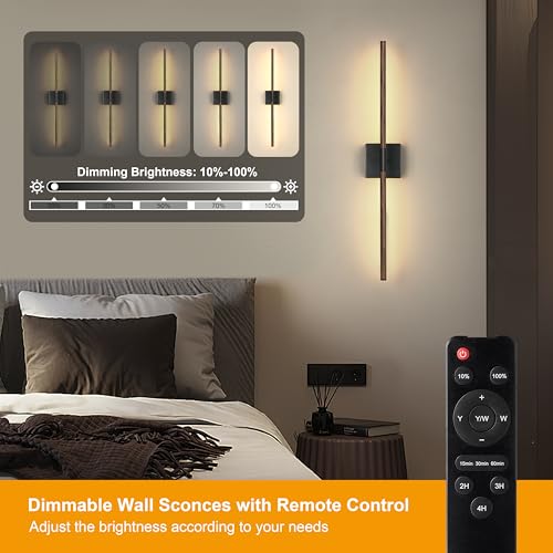 Image of Morauroral 24″ Walnut Black Battery Operated Wall Sconces, Dimmable Wall Sconces with Remote Control, Rechargeable Sconces Wall Lighting, LED Wireless Wall Lights for Bedroom, Living Room, Bathroom