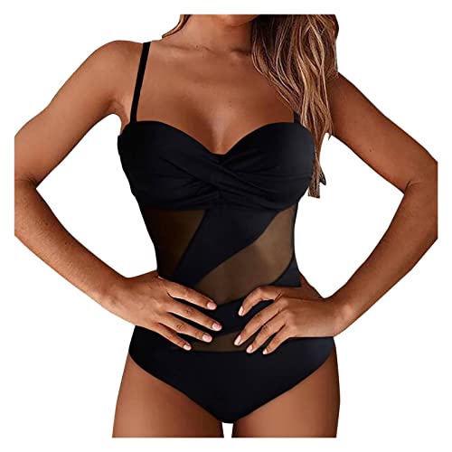 YESJmn Badeanzug Sommer Schwarz Bikini Badeanzug Mesh Patchwork Einteiler Bademode für Frauen Doppelträger (Farbe: Schwarz, Größe: S) Cover