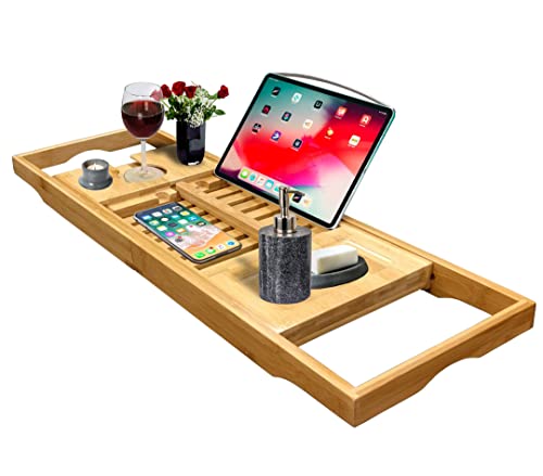 Wooden Bamboo Luxury Bathtub Tray For Your Book, Tablet Or Smartphone - Bath Caddy Table With Extending Adjustable Arms For Tub - Wide And Adjustable With Wine Holder On Side #TOP4