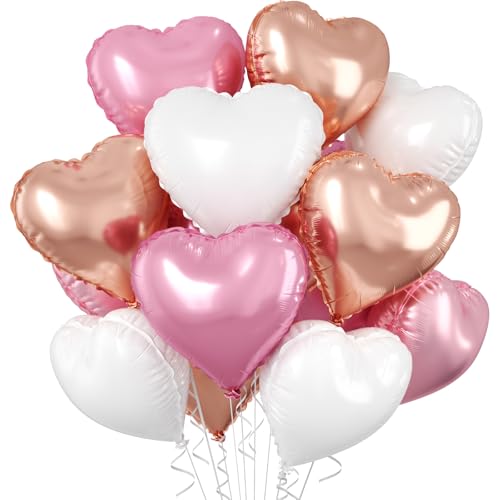 Image of Rose Gold Heart Balloons, 10 Pcs Light Pink Heart Shaped Balloon, 18 Inch Rose Gold and White Foil Balloons Helium for Girls Women Brithday Bridal Baby Shower Wedding Valentines Party Decorations