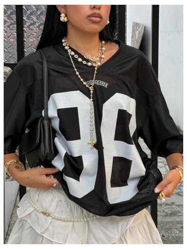 COZYEASE Women's Plus Size Jersey Shirt Number Graphic V Neck Half Sleeve Loose T Shirt Streetwear4