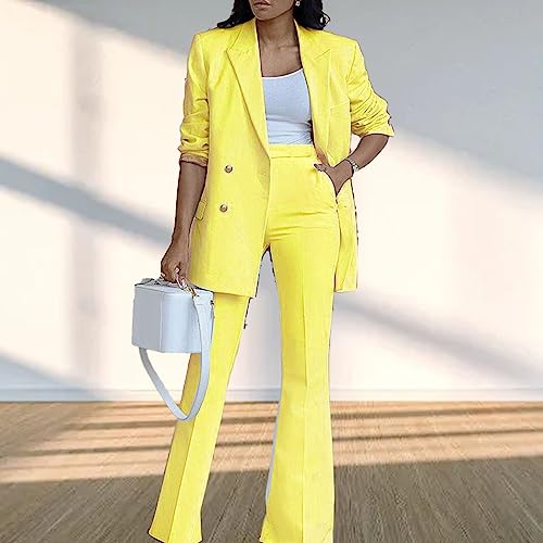 Blazer feminino de 2 peças com gola de lapela e calça de trabalho de pernas largas casual, cor lisa,