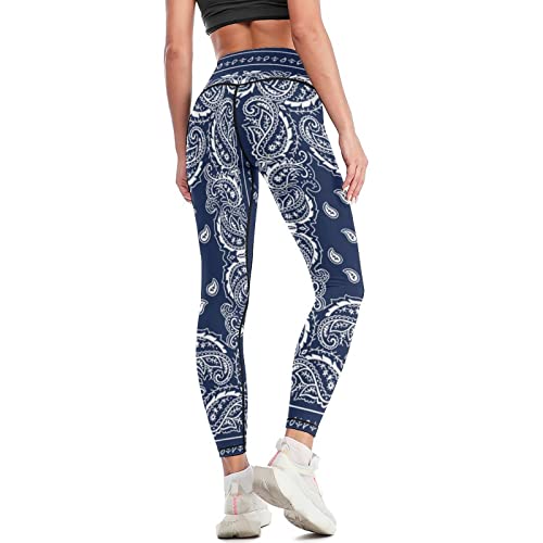 Skt T1 Women's Blue Bandana Leggings Vintage Bandana Paisley Floral Print Yoga Pants For Women Girls, High Waisted Tummy Control Yoga Leggings Novelty Workout Running Jogging Athletic Pants S #TOP3