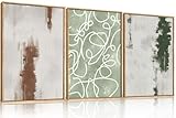 Aryroi Large Abstract Green Brown Geometric Framed Canvas Wall Art Set,Minimalist Neutral Brush Stroke Wall Decor,Modern Watercolor White Curved Lines Artwork for Living Room,Bedroom,Office-24 x36 x3