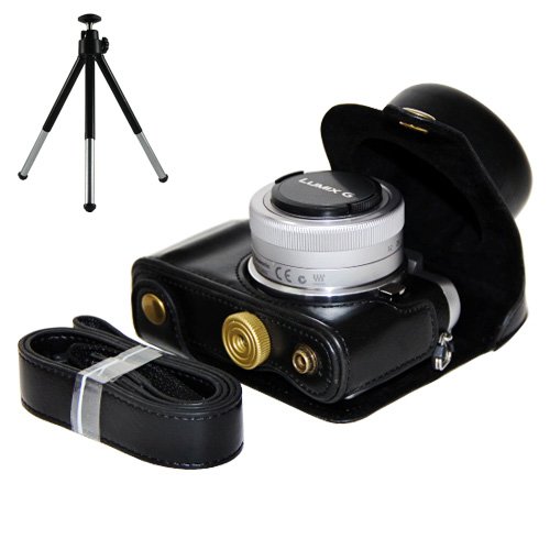 First2Savvv Xjpt-Ddgf7-A01 Black Full Body Precise Fit Pu Leather Digital Camera Case Bag Cover With Should Strap For Panasonic Lumix Dmc Gf7 Gf8 With 12-32Mm Lens + Mini Tripod #TOP12
