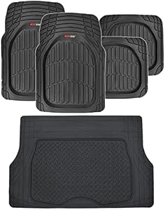 Motor Trend FlexTough Deep Dish Heavy Duty Rubber Floor Mats & Cargo Liner for Trunk All Weather (Black) - Complete Coverage Set