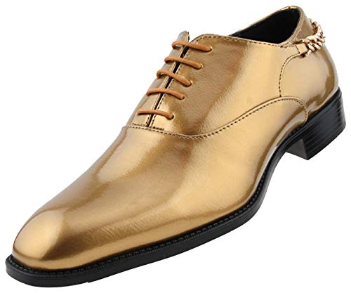Bolano Chainz Men's Oxford Dress Shoes - Shiny Patent Modern Formal Dress Shoes For Men With Heel Chain - Designer Formal Shoes With Lace Tie (Gold/12) #TOP1