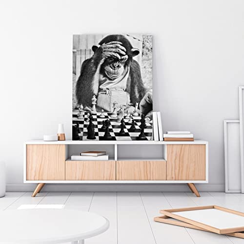 Tomart Animal Poster Black And White Funny Monkey Playing Chess Poster Canvas Painting Wall Art Poster For Bedroom Living Room Decor 20X26Inch(51X66Cm) Unframe-Style #TOP2