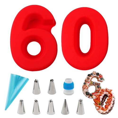 Wondora Gran Molde Digital para Tartas 60, Molde Silicona de Número, con Bolsa de 9 Monturas y Juego de Boquillas, Antiadherente para Facilitar el Desmoldado, para Cumpleaños, Bodas, Aniversarios